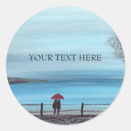 Pegatina Redonda Pareja enamorada de la tarjeta postal del paraguas