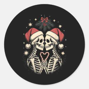 Pegatina Redonda Pareja Gótica de Navidad Humor Oscuro Esqueleto