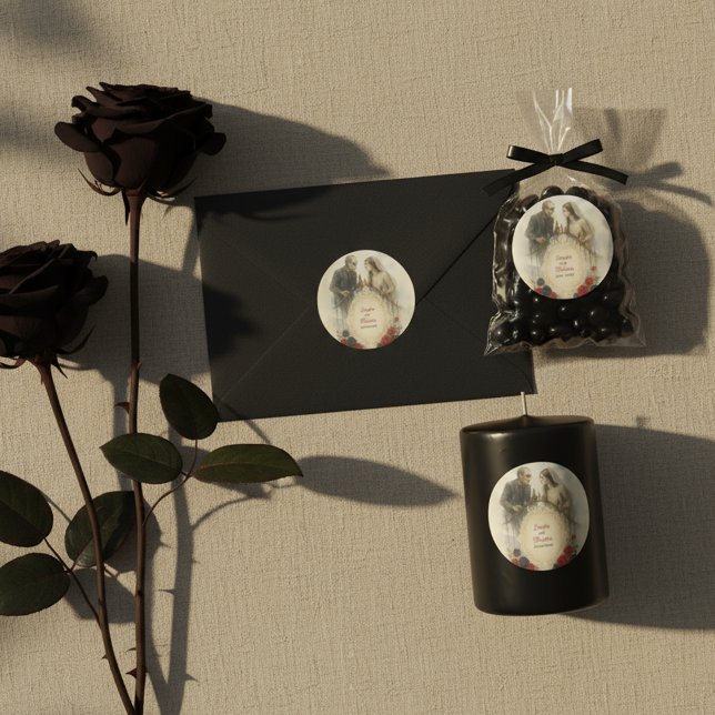 Pegatina Redonda Pareja gótico Boda Zombie Halloween (Goth Couple Zombie Halloween Wedding Classic Round Sticker Uses
)