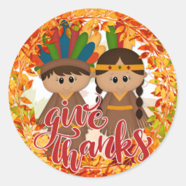Pegatina Redonda Pareja nativa estadounidense - Dé las gracias