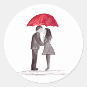 Pegatina Redonda Pareja romántica con paraguas rojos