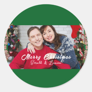Pegatina Redonda Pareja simple Navidades fotográfica verde