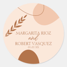 Pegatina Redonda Parejas de Boda Marrón Beige Boho con Nombre