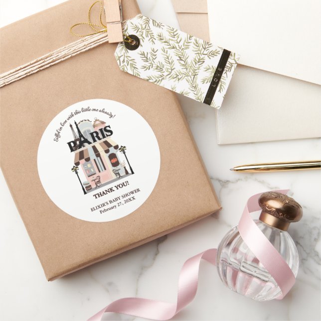 Pegatina Redonda Paris Eiffel en Amo Café Francés Baby Shower (Regalar)