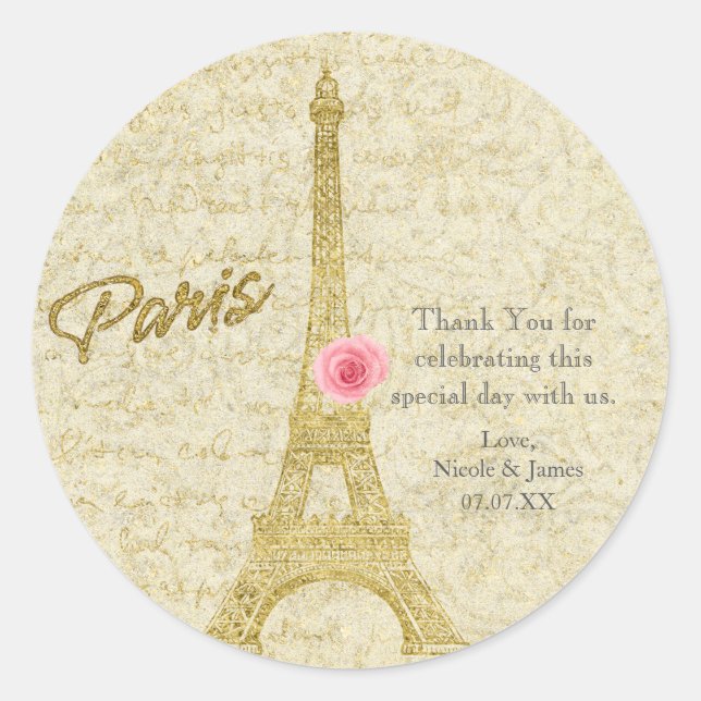 Pegatina Redonda Paris Eiffel Tower Gold y Pegatinas Elegantes Rosa (Anverso)
