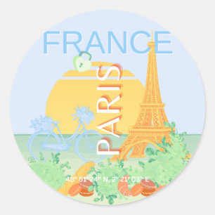 Pegatina Redonda París, Francia, arte de viajes, Preppy, Pastel, Az