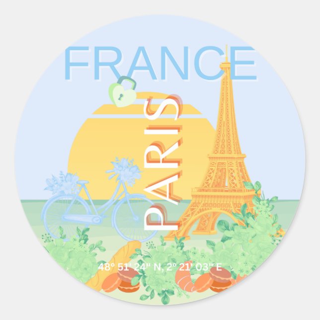 Pegatina Redonda París, Francia, arte de viajes, Preppy, Pastel, Az (Anverso)