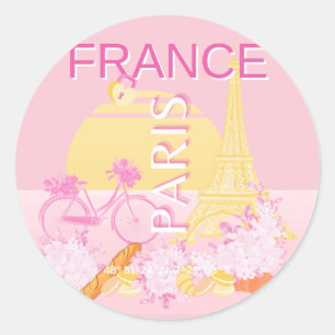 Pegatina Redonda París, Francia, Viajes, Preppy, Rosa