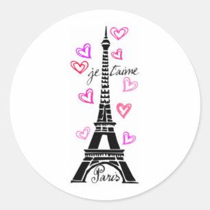 PEGATINA REDONDA PARÍS JE T'AIME EIFFEL Y CORAZONES ROSADOS