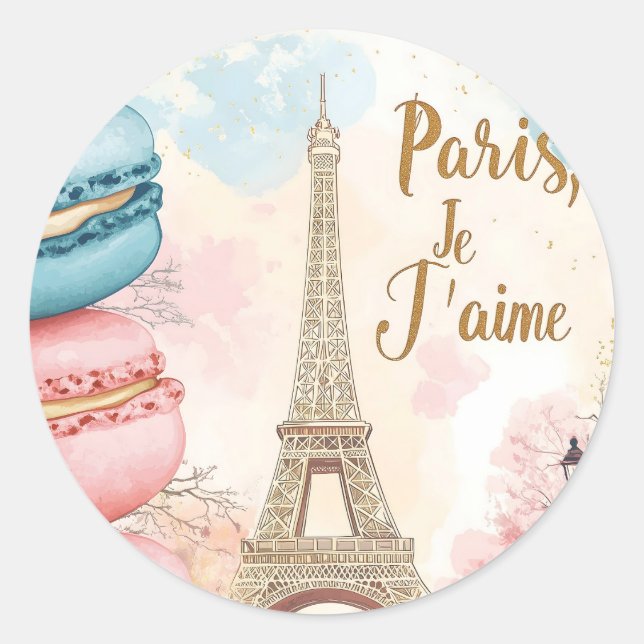 Pegatina Redonda París, Je T'aime - Torre Eiffel con Macarones (Anverso)