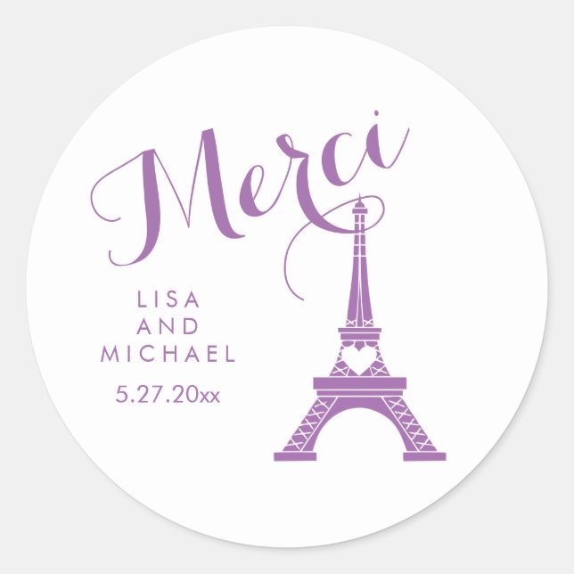 Pegatina Redonda París morado y blanco Boda de la Torre Eiffel (Anverso)