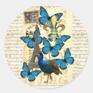 Pegatina Redonda París, pavo real y mariposas