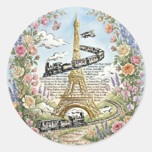Pegatina Redonda París romántico, Torre Eiffel, Arte Francés