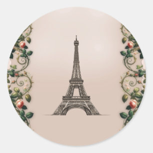 Pegatina Redonda Paris Rosa Vines Eiffel Tower Elegante
