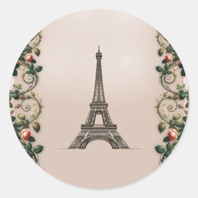 Pegatina Redonda Paris Rosa Vines Eiffel Tower Elegante (Anverso)