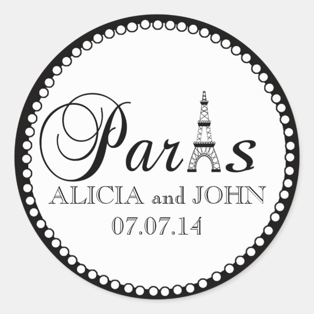 Pegatina Redonda Paris Wedding Favor Cake Box Pegatinas Nombre Fech (Anverso)