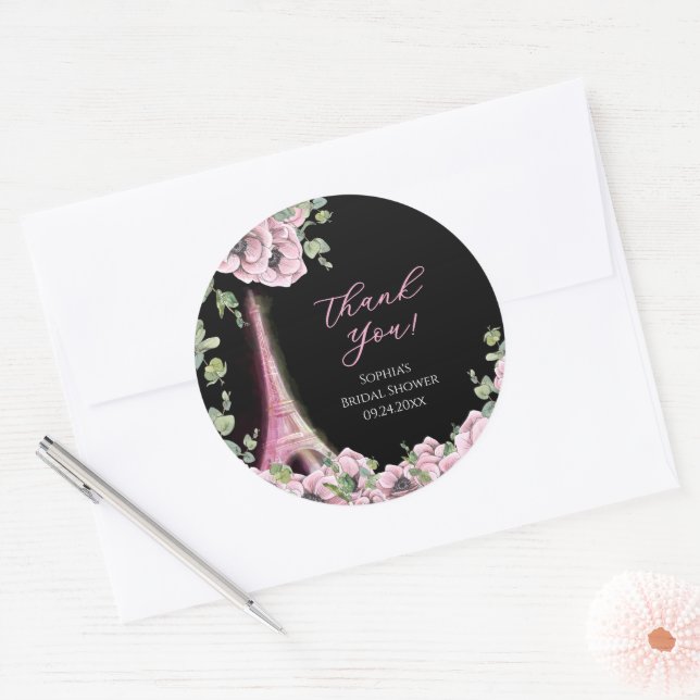 Pegatina Redonda Parisian Black Pink Floral Bridal Shower Sticker (Sobre)