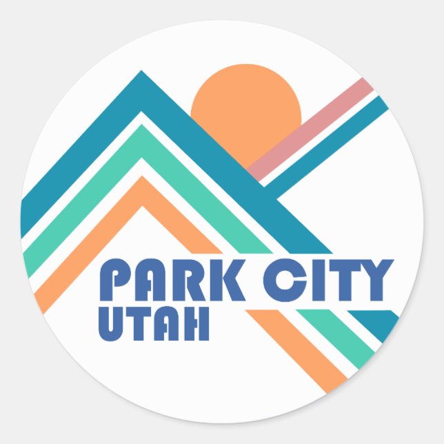 Pegatina Redonda Park City, Utah Retro Line Mountains Blue Border (Anverso)