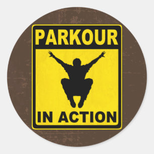 Pegatina Redonda Parkour en letrero de la acción