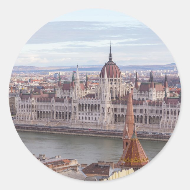 Pegatina Redonda Parlamento húngaro Budapest por día (Anverso)