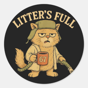Pegatina Redonda Parodia de gato lleno de Funny Litter 67 Seis Siet