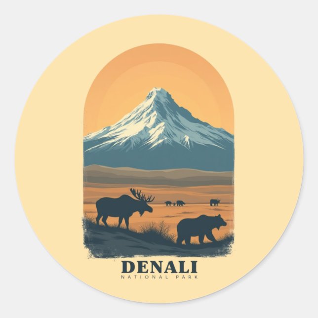 Pegatina Redonda Parque nacional Denali Vintage Retro (Anverso)