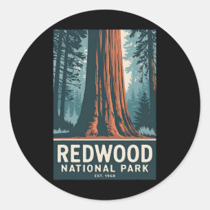 Pegatina Redonda Parque Nacional Redwood Vintage Camping Hiking Hom