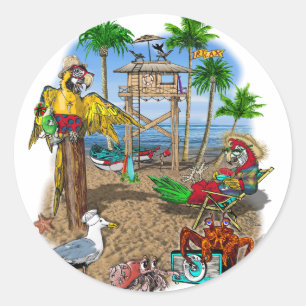 Pegatina Redonda Parrots Beach Party
