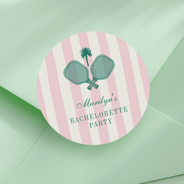 Pegatina Redonda Partido de Bachelor de Baloncesto Verde Rosa (Pickleball paddles with pink stripes bachelorette party stickers)