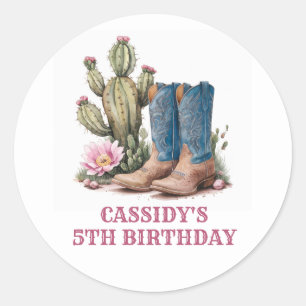 Pegatina Redonda Partido de cumpleaños de Cactus Watercolor Cowgirl