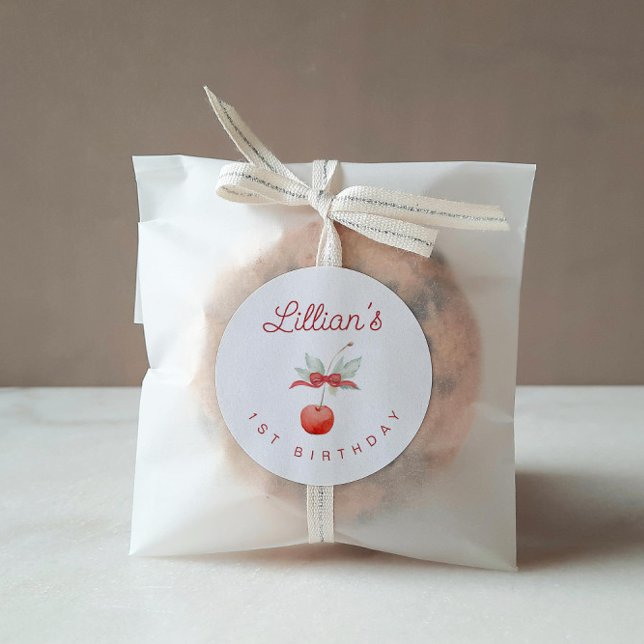 Pegatina Redonda Partido de cumpleaños de cerezo y cinta roja (Subido por el creador)