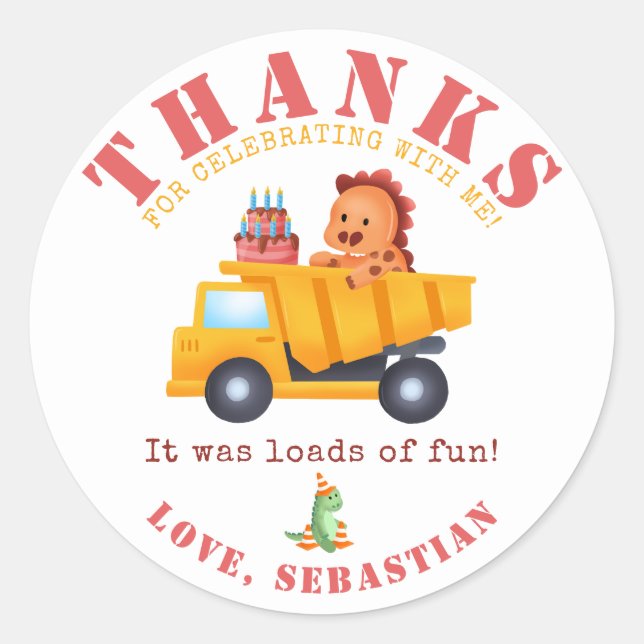 Pegatina Redonda Partido de Cumpleaños de la Construcción de Dinosa (Anverso)