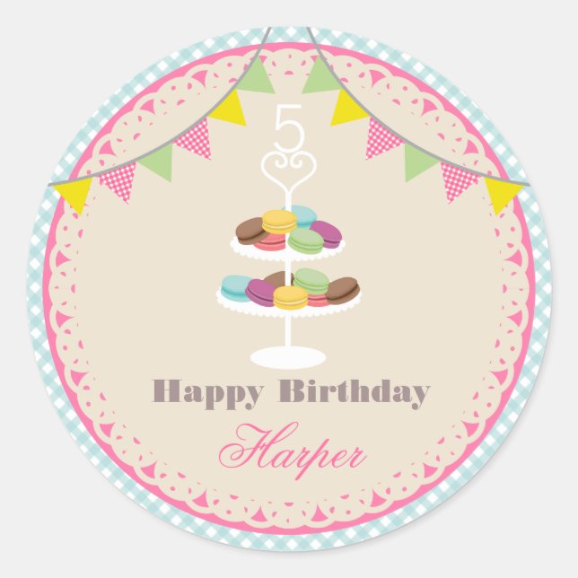 Pegatina Redonda Partido de Cumpleaños de los Macarons Franceses, B (Anverso)