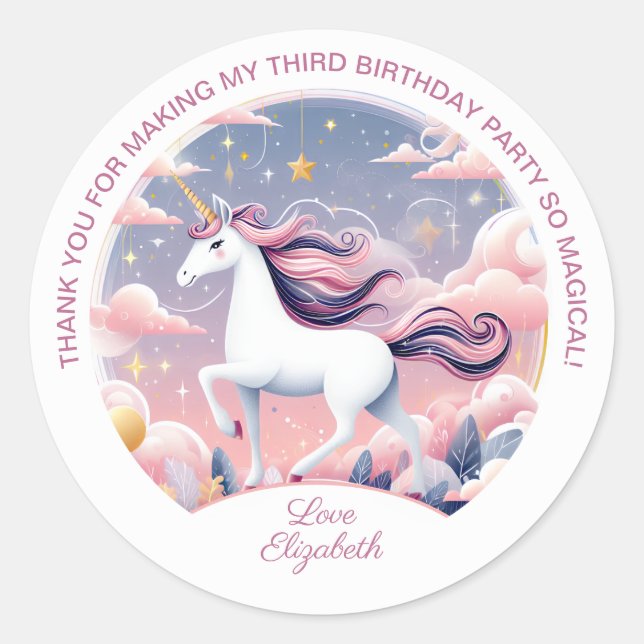 Pegatina Redonda Partido de Cumpleaños de Unicornio (Anverso)