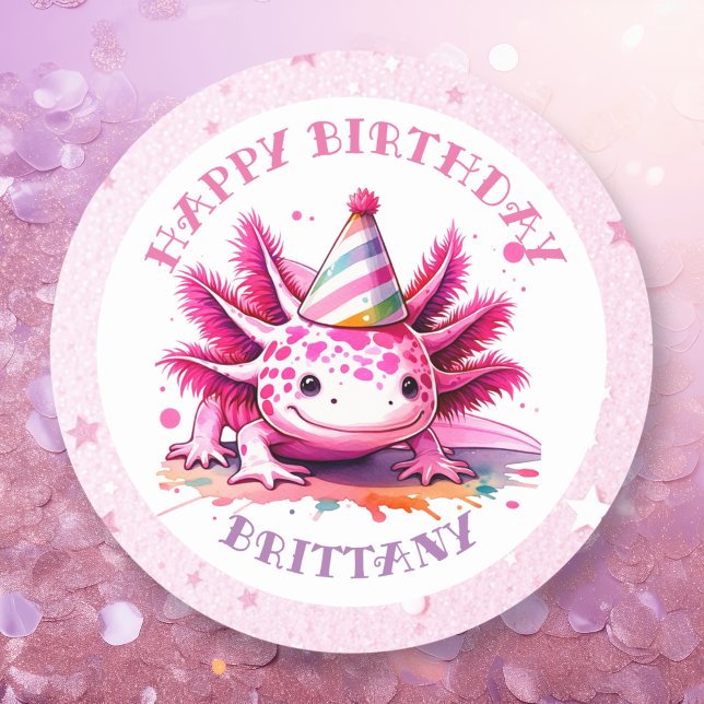 Pegatina Redonda Partido de Cumpleaños del Chica Axolotl Rosa (Subido por el creador)