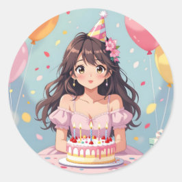 Pegatina Redonda Partido de Cumpleaños del Chica Cute Anime