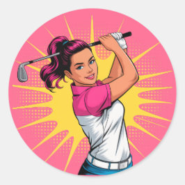 Pegatina Redonda Partido de Cumpleaños del Chica de Arte Pop Golfer