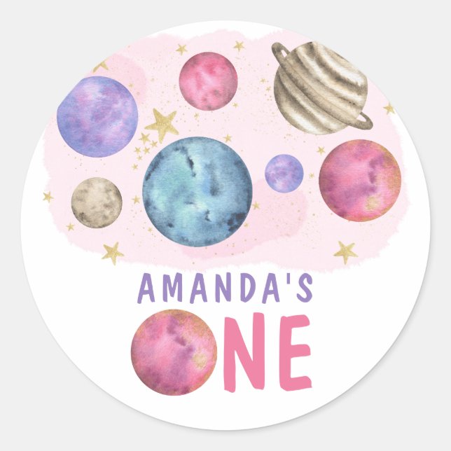 Pegatina Redonda Partido de Cumpleaños del Chica del Espacio Galaxy (Anverso)