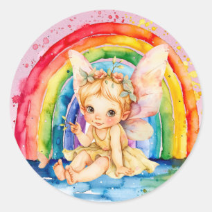 Pegatina Redonda Partido de cumpleaños del Chica Rainbow de Hada Am
