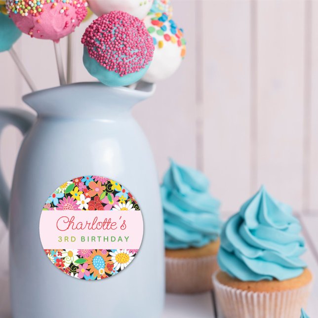 Pegatina Redonda Partido de cumpleaños del Jardín de las Flores de  (Whimsical Colorful Spring Flowers Garden Girl's Birthday Party Favor Round Sticker @ fat_fa_tin)