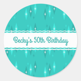 Pegatina Redonda Partido de Cumpleaños del Personalizado Retro Turq
