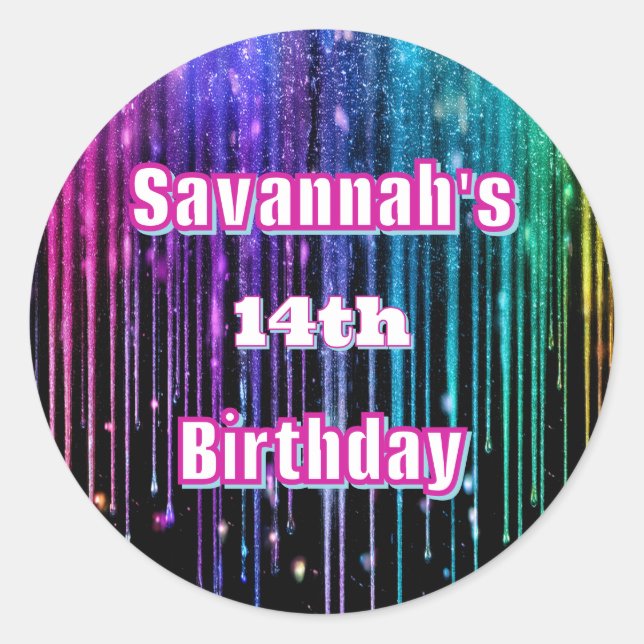 Pegatina Redonda Partido de Cumpleaños del Purpurina Rainbow Drin (Anverso)