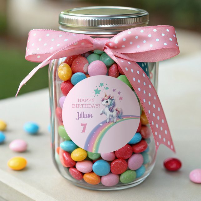 Pegatina Redonda Partido de Cumpleaños Mágico de Unicornio (Multi Use Colorful Round Happy Birthday Magical Unicorn Sticker)