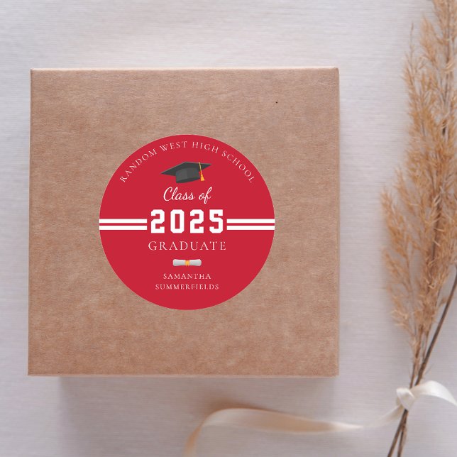 Pegatina Redonda Partido de Graduación Blanca Roja de Graduación 20 (Graduation 2025 Red and White Classic Round Sticker)