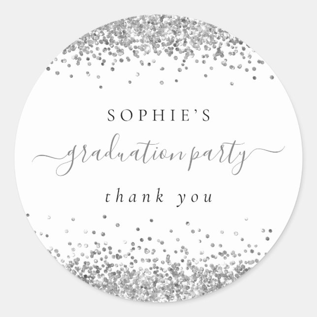 Pegatina Redonda Partido de Graduación Purpurina de Plata Gracias (Anverso)