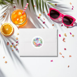 Pegatina Redonda Partido de Graduación Tropical Flamingo Hot-Pink