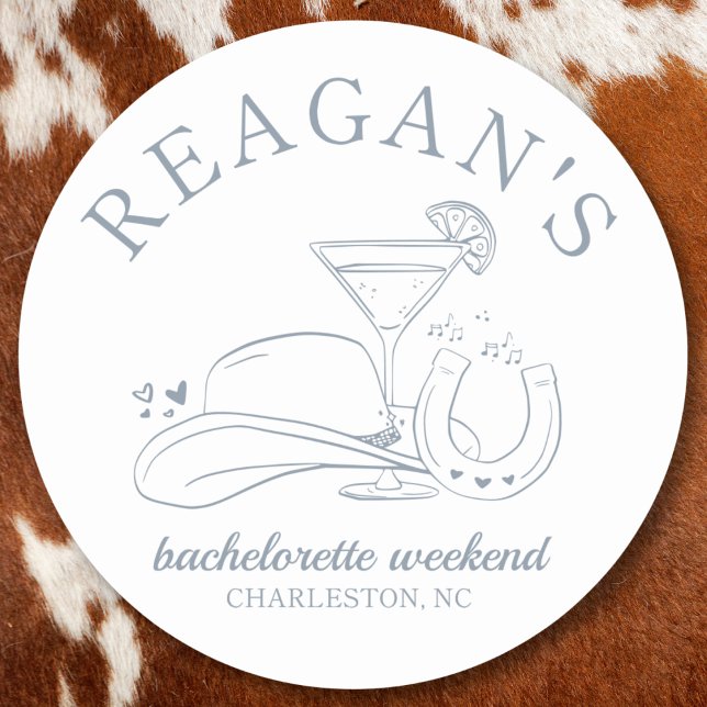 Pegatina Redonda Partido de la Bachelette de Oro Occidental (Cowgirl western bachelorette party sticker hand drawn cute custom name disco cowgirl, coastal cute)