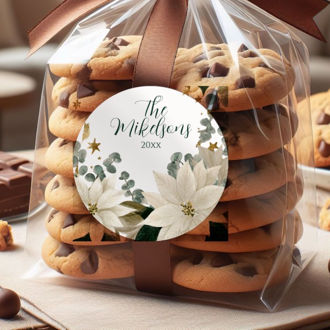 Pegatina Redonda Partido de vacaciones de Poinsettia Blanca (Subido por el creador)