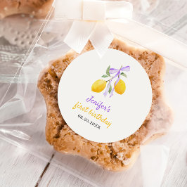 Pegatina Redonda Partido del Primer Cumpleaños de Lemon Purple Bow