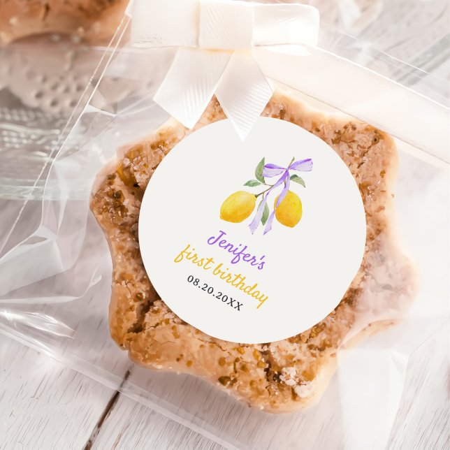 Pegatina Redonda Partido del Primer Cumpleaños de Lemon Purple Bow (Subido por el creador)